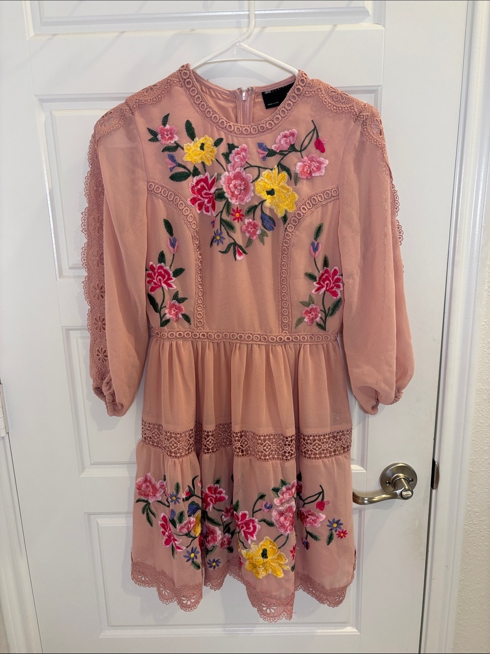 ASOS Design Embroidered Floral Mini Dress Pink Sheer Lace Detail Boho US 2